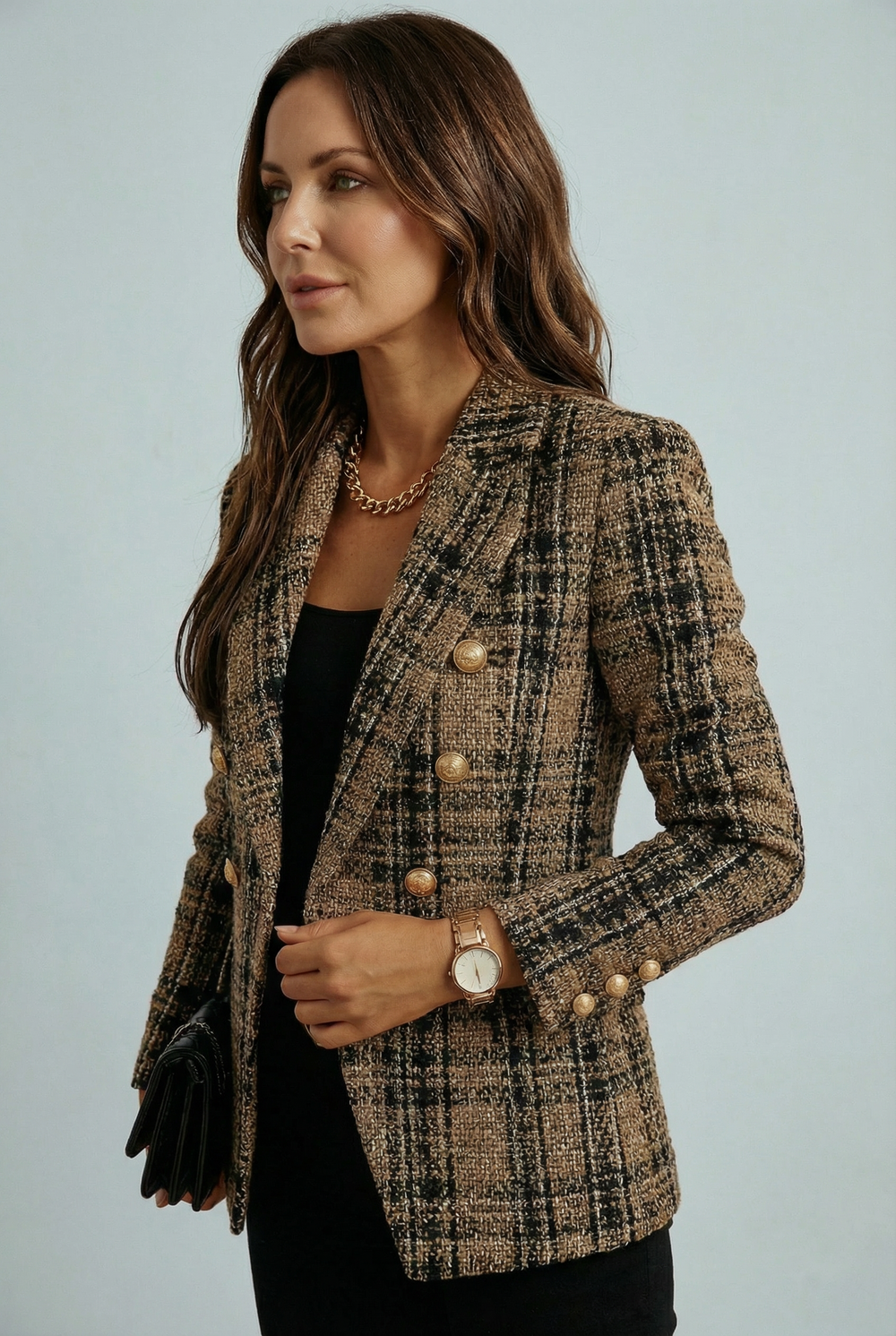Women's beige plaid double-breasted blazer with gold-tone buttons