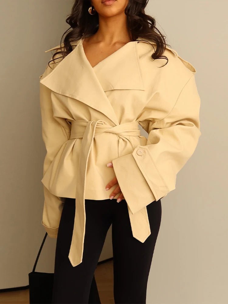 Women's cropped belted trench coat with high collar and double-breasted front