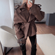 Women's cropped belted trench coat with high collar and double-breasted front
