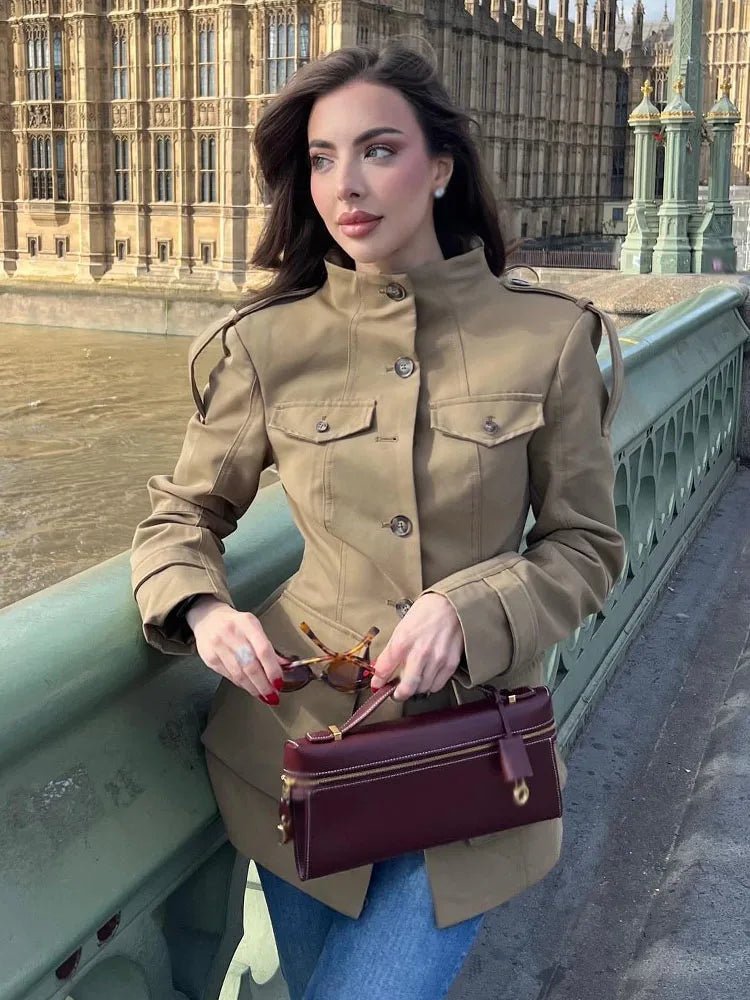 Women's beige fitted utility jacket with high collar and flap pockets