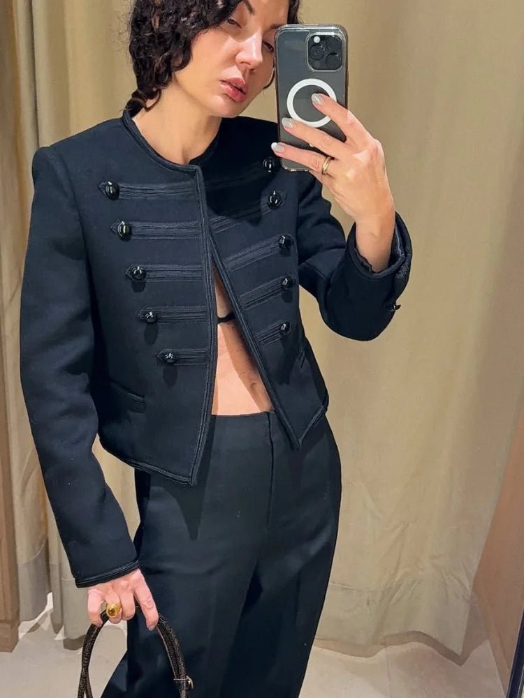 Women's black Napoleon jacket with high collar and multiple buttons