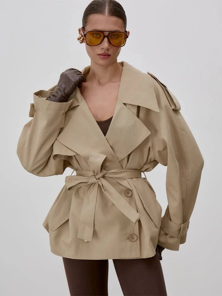 Women's belted short trench coat with stand collar, long sleeves and double-breasted buttons