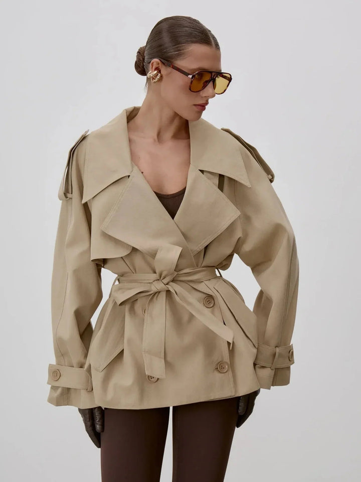 Women's belted short trench coat with stand collar, long sleeves and double-breasted buttons