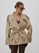 Women's belted short trench coat with stand collar, long sleeves and double-breasted buttons