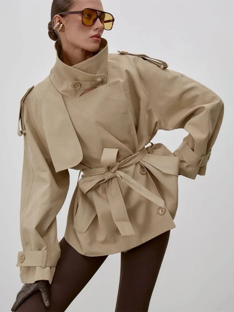 Women's belted short trench coat with stand collar, long sleeves and double-breasted buttons
