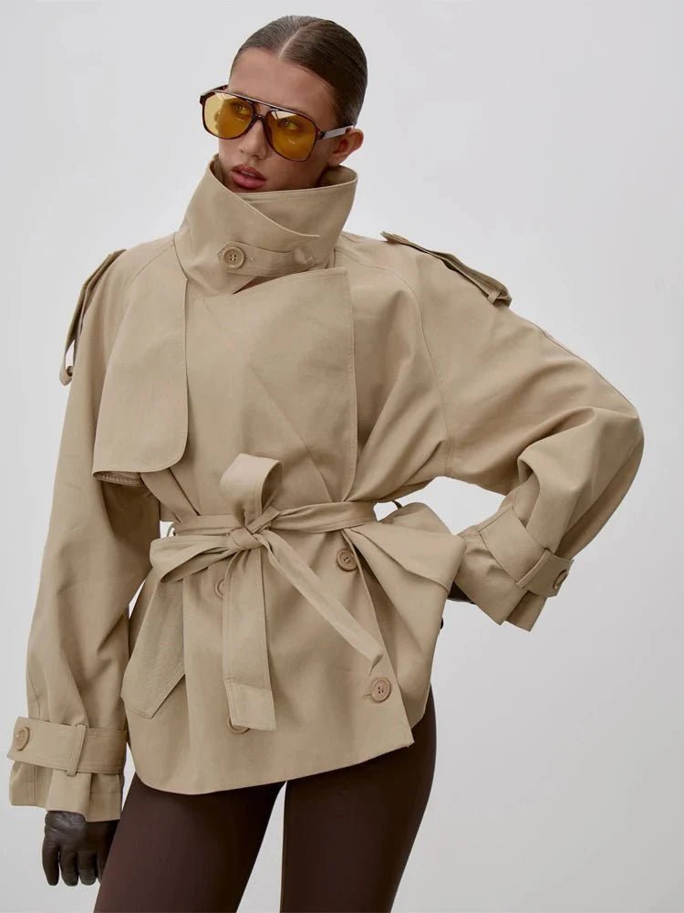 Women's belted short trench coat with stand collar, long sleeves and double-breasted buttons