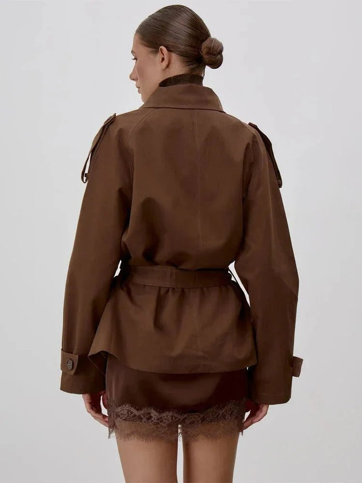 Women's belted short trench coat with stand collar, long sleeves and double-breasted buttons