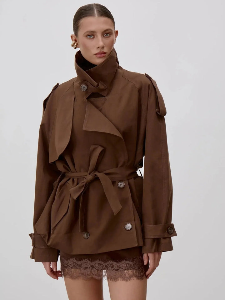 Women's belted short trench coat with stand collar, long sleeves and double-breasted buttons