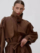 Women's belted short trench coat with stand collar, long sleeves and double-breasted buttons