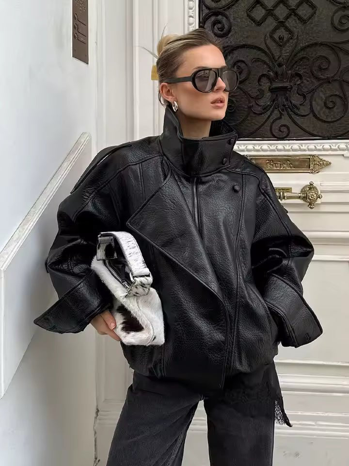 Women's asymmetric button jacket with stand collar and front pockets