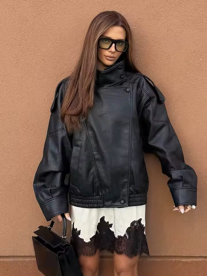 Women's asymmetric button jacket with stand collar and front pockets