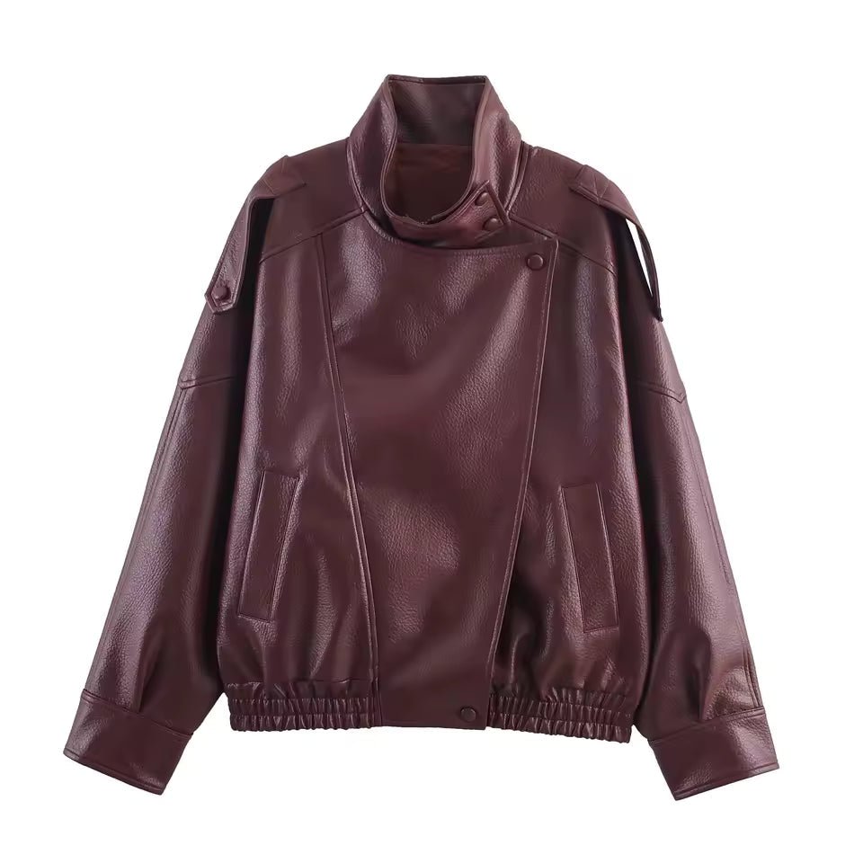 Women's asymmetric button jacket with stand collar and front pockets