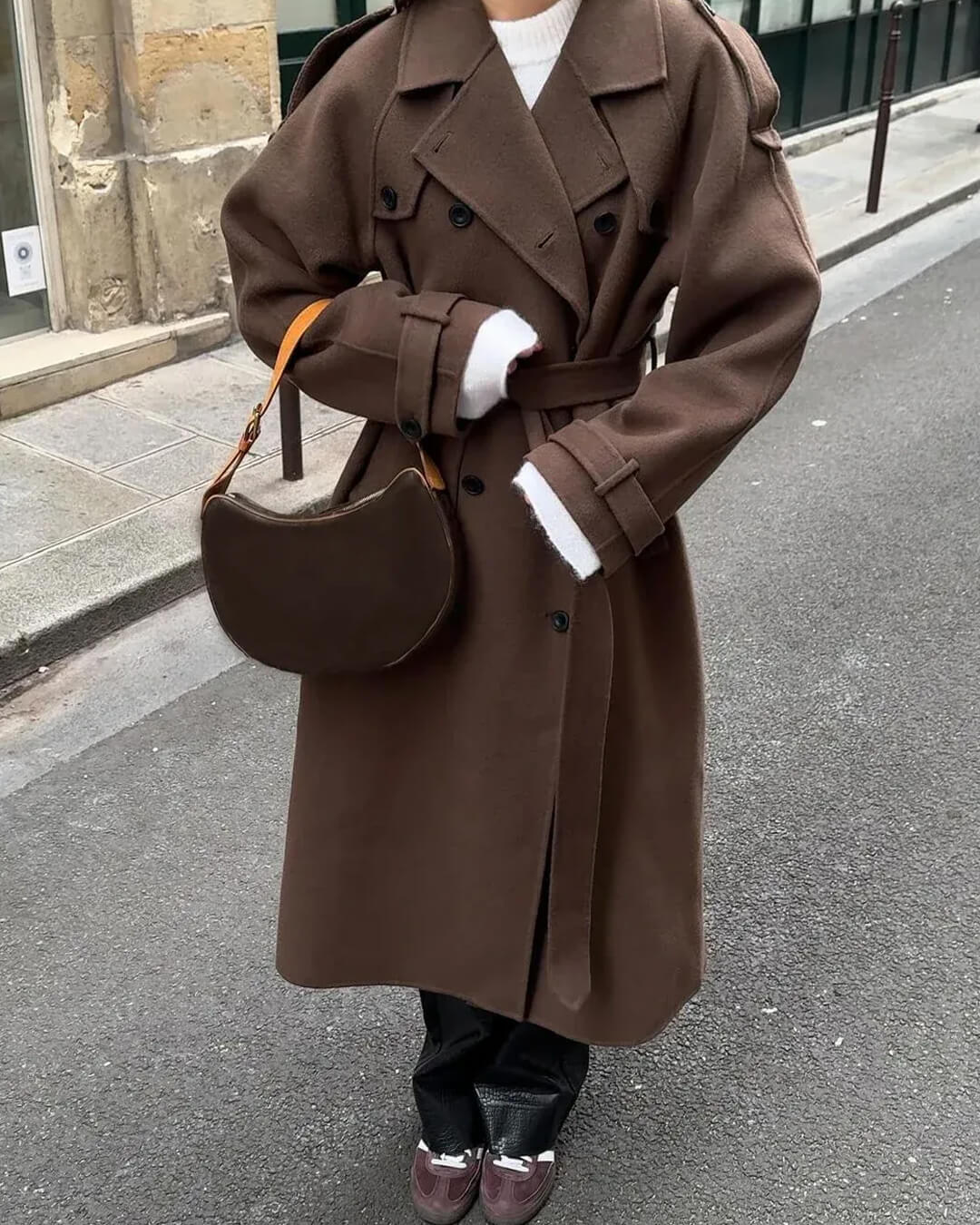 Women's long wrap coat with notch lapels and waist belt