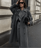 Women's long wrap coat with notch lapels and waist belt
