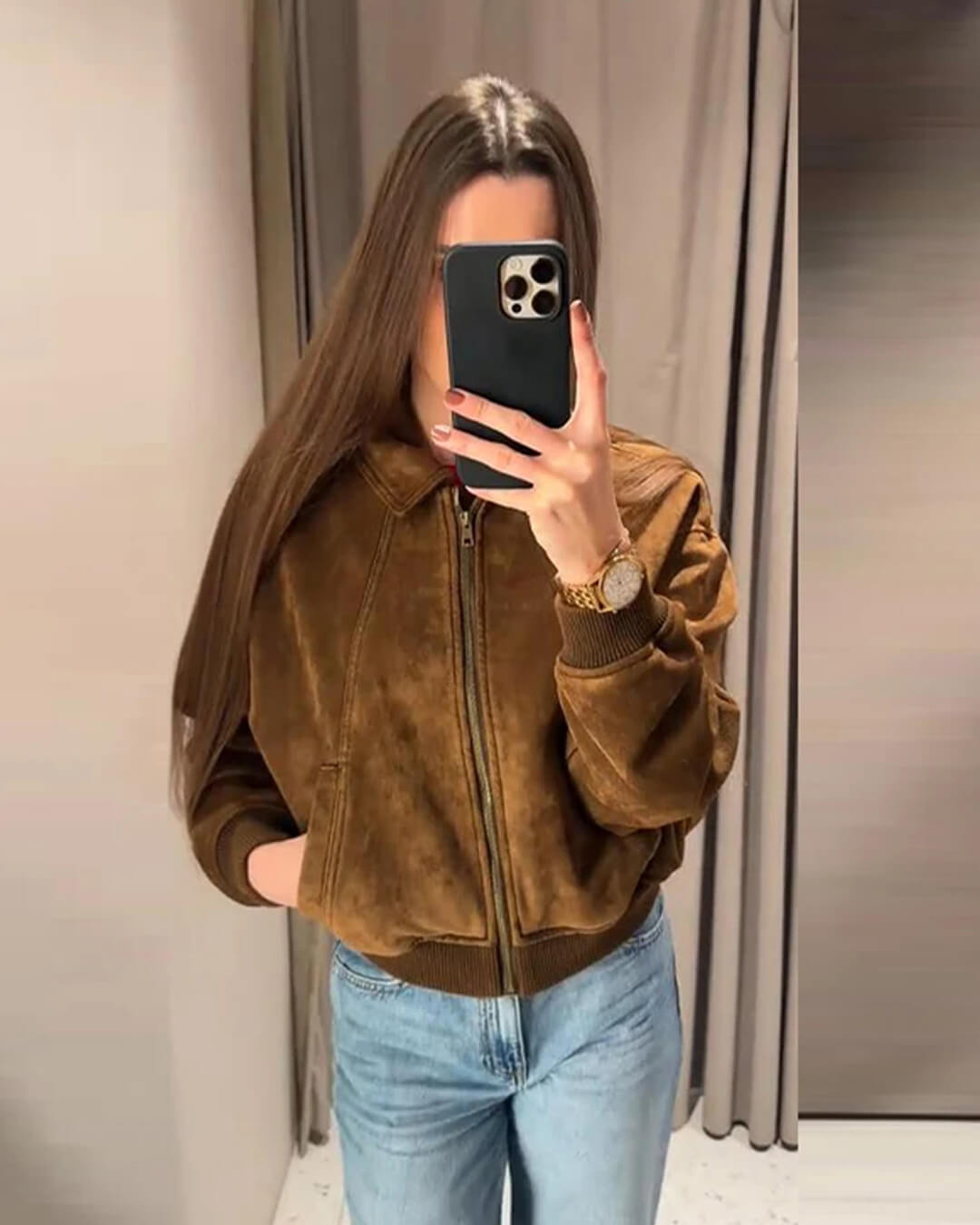 Women's brown faux suede bomber jacket with zip front and ribbed trims