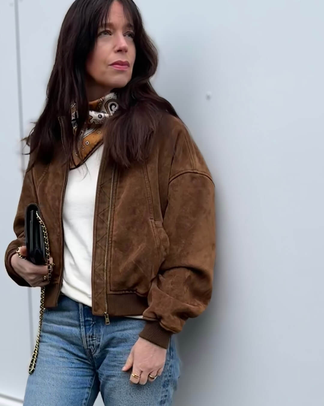 Women's brown faux suede bomber jacket with zip front and ribbed trims