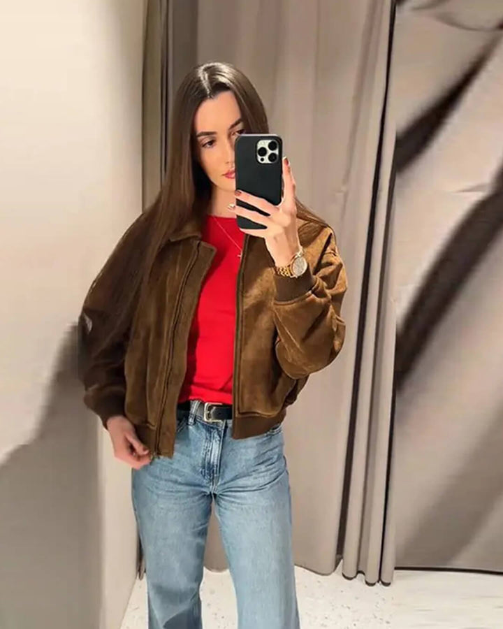 Women's brown faux suede bomber jacket with zip front and ribbed trims