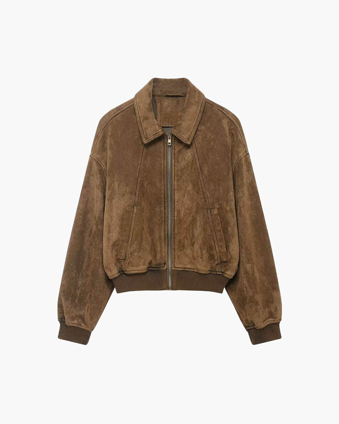 Women's brown faux suede bomber jacket with zip front and ribbed trims