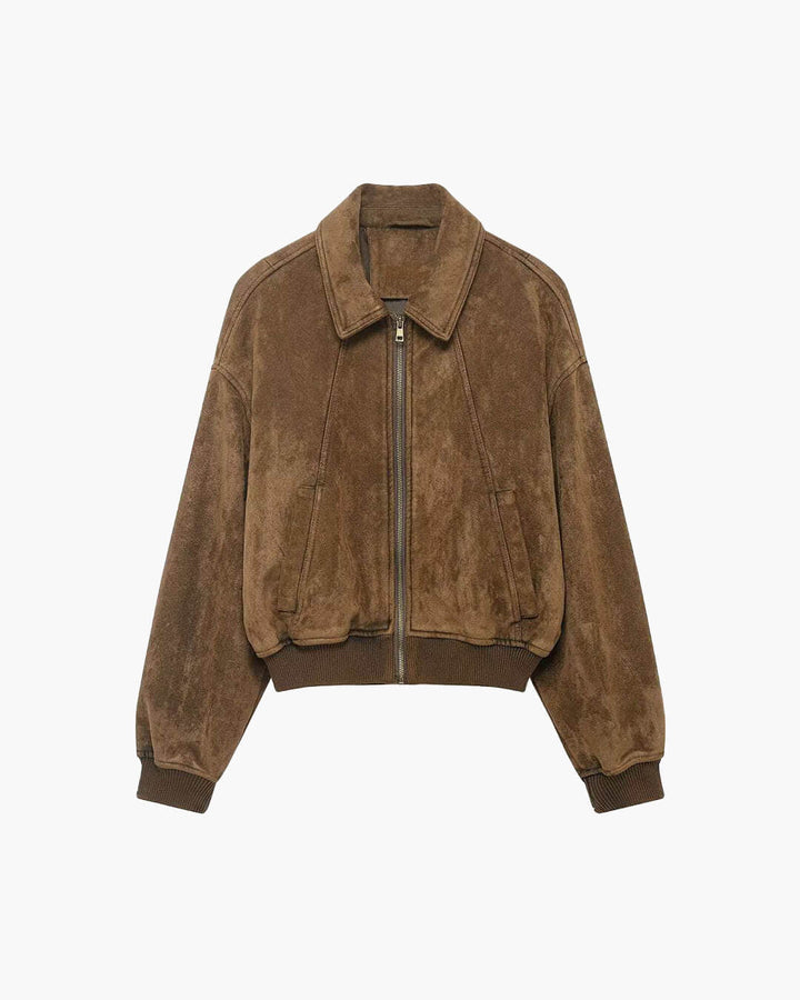 Women's brown faux suede bomber jacket with zip front and ribbed trims