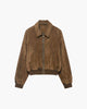 Women's brown faux suede bomber jacket with zip front and ribbed trims