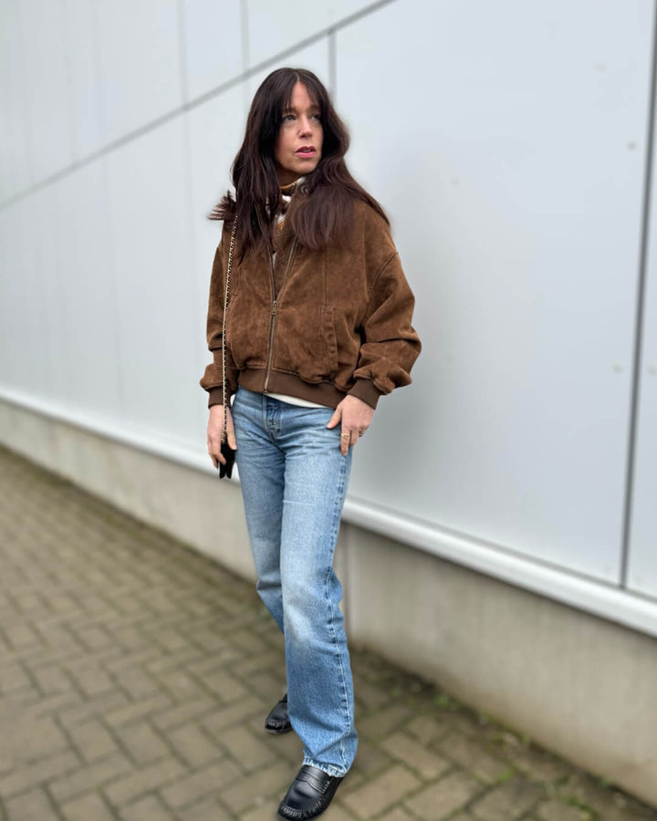Women's brown faux suede bomber jacket with zip front and ribbed trims
