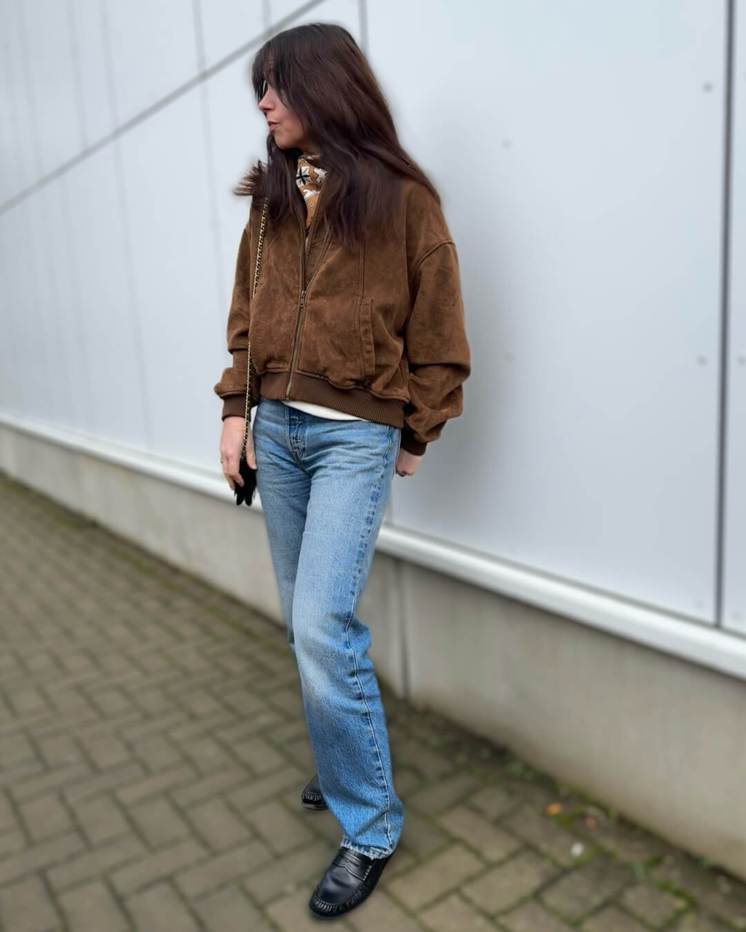 Women's brown faux suede bomber jacket with zip front and ribbed trims