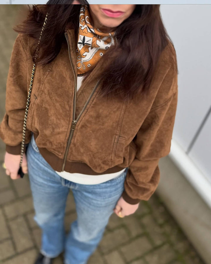 Women's brown faux suede bomber jacket with zip front and ribbed trims