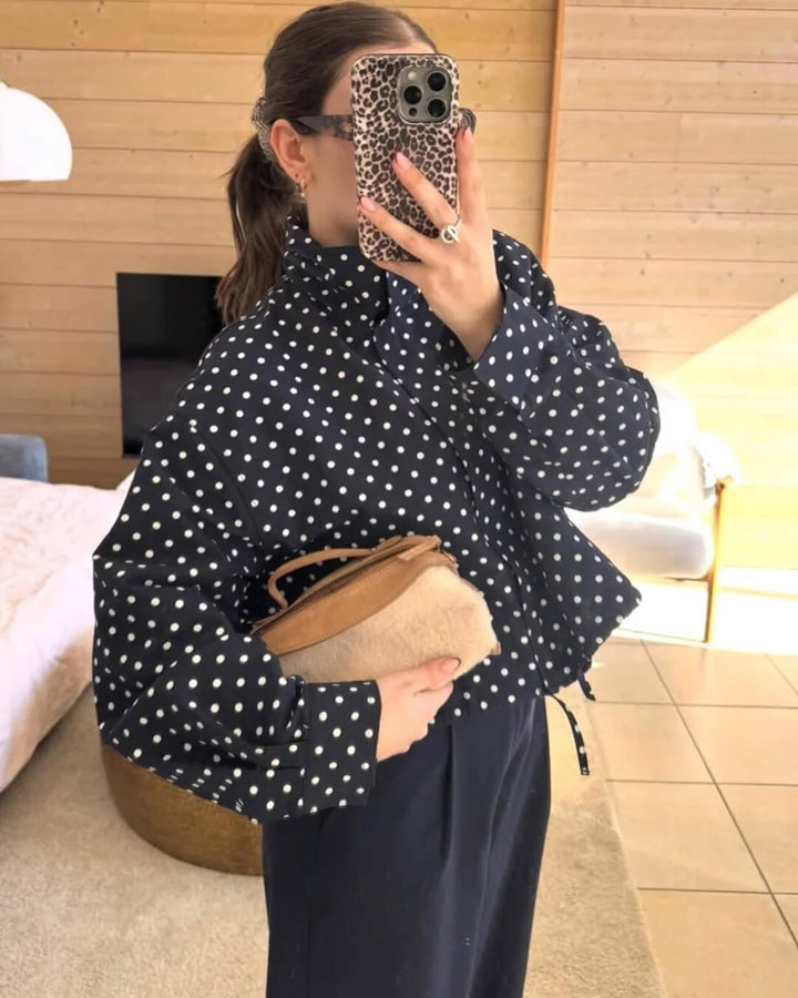 Women's polka dot cropped puffer jacket with high collar
