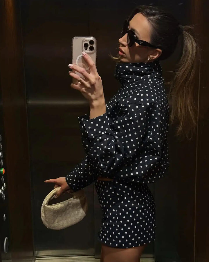 Women's polka dot cropped puffer jacket with high collar
