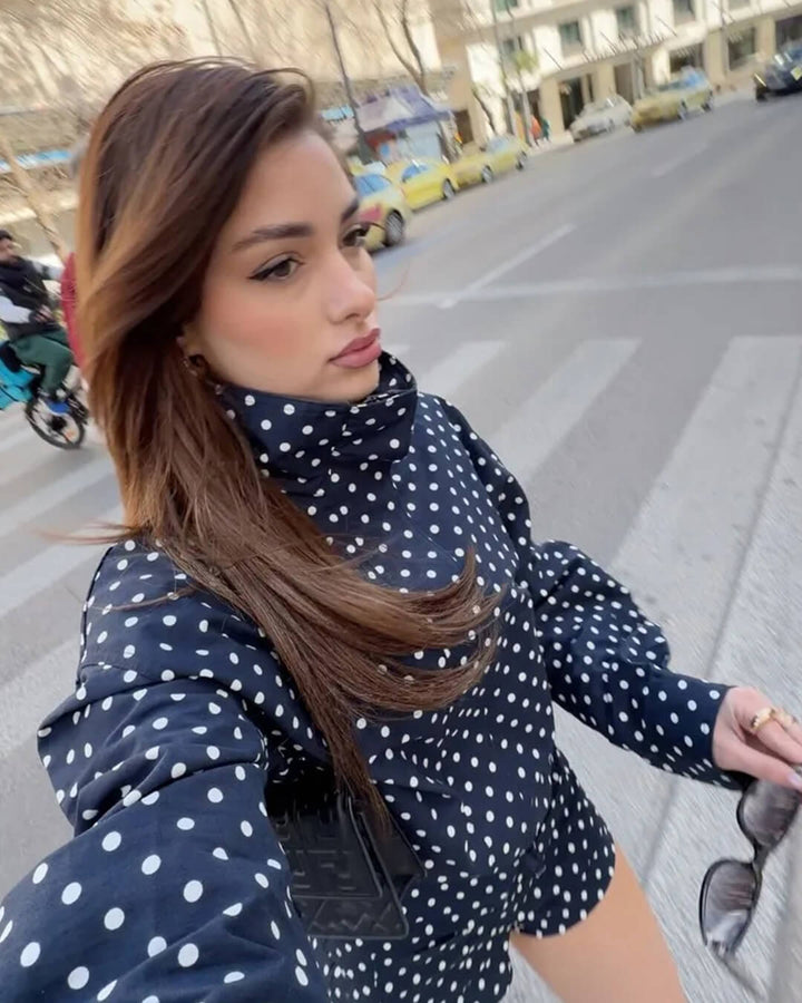 Women's polka dot cropped puffer jacket with high collar