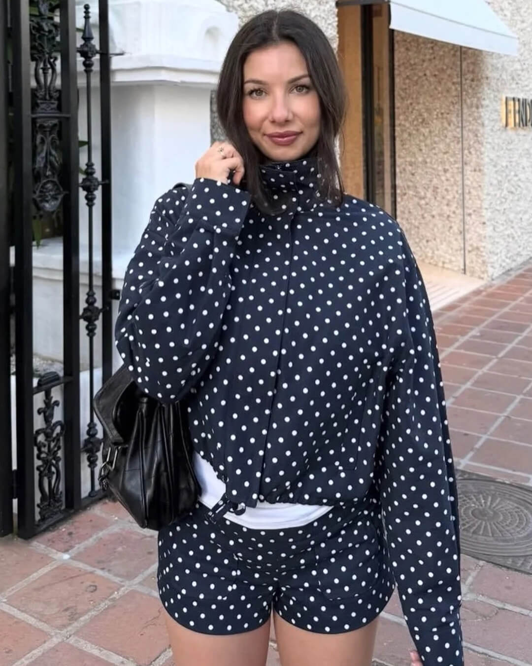 Women's polka dot cropped puffer jacket with high collar