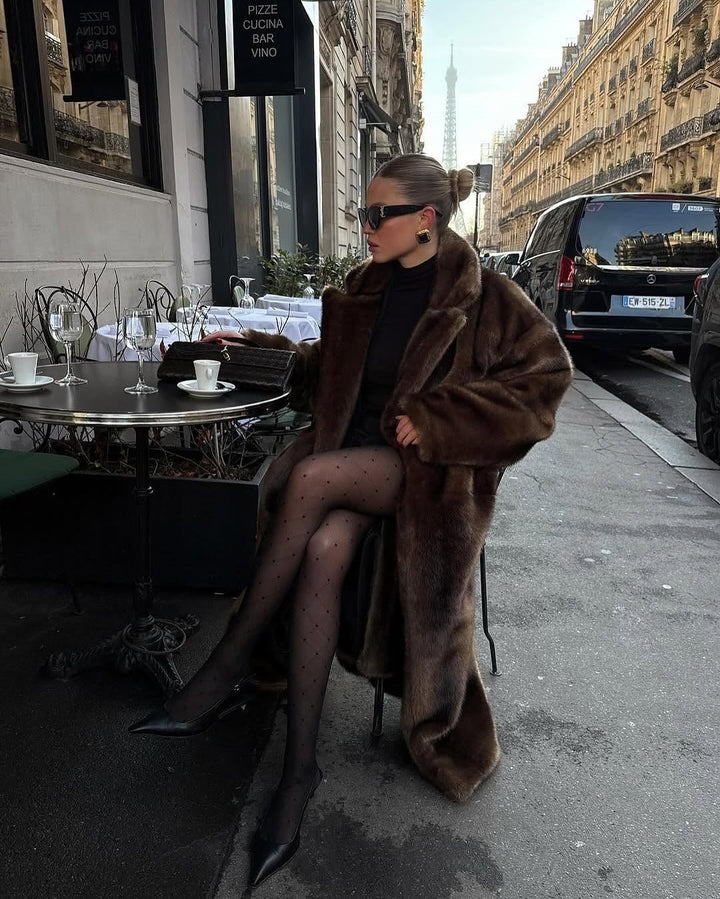Women's brown faux-fur maxi coat with wide collar