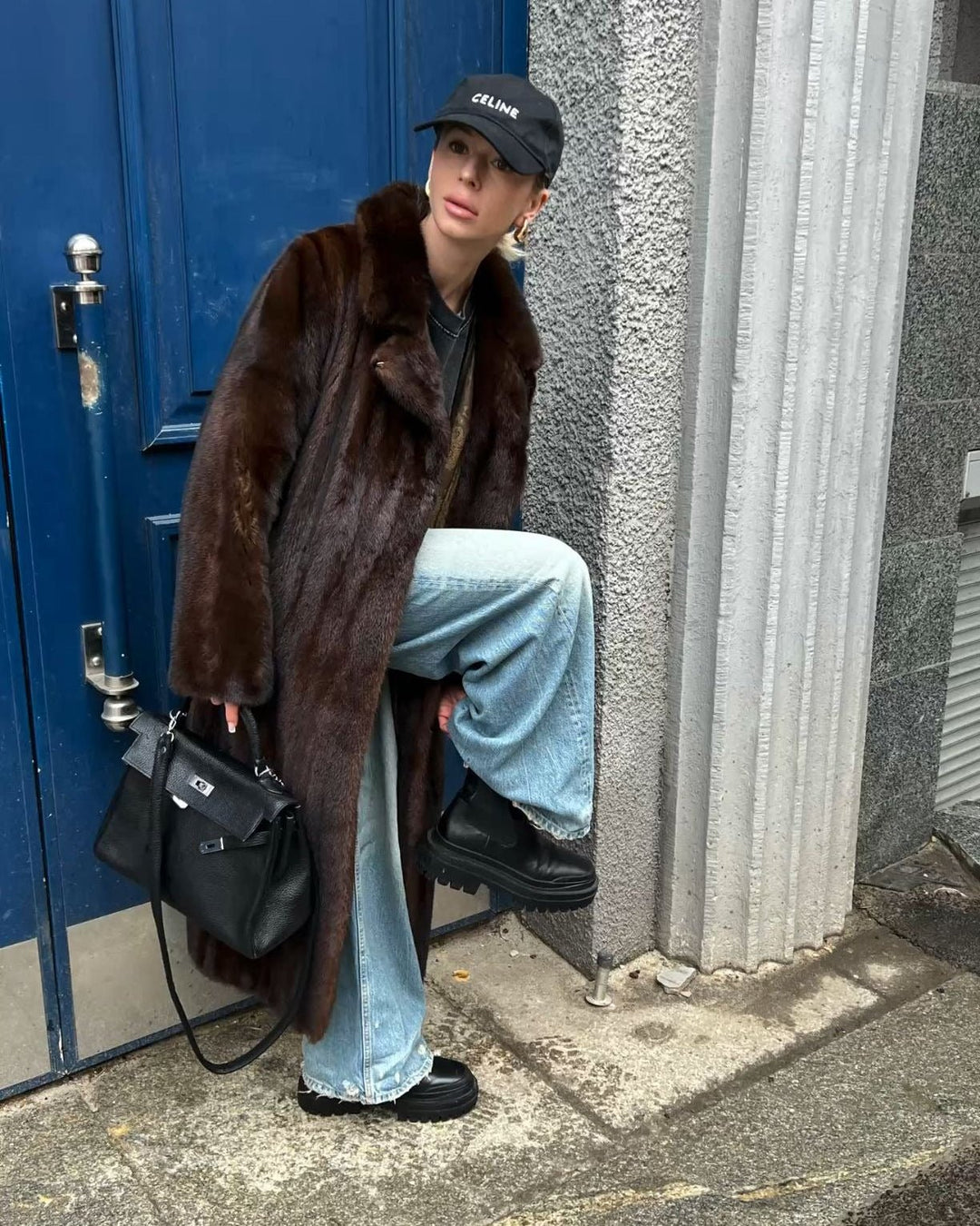 Women's brown faux-fur maxi coat with wide collar