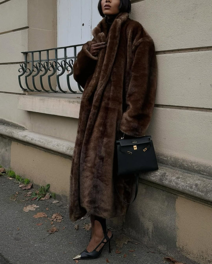 Women's brown faux-fur maxi coat with wide collar