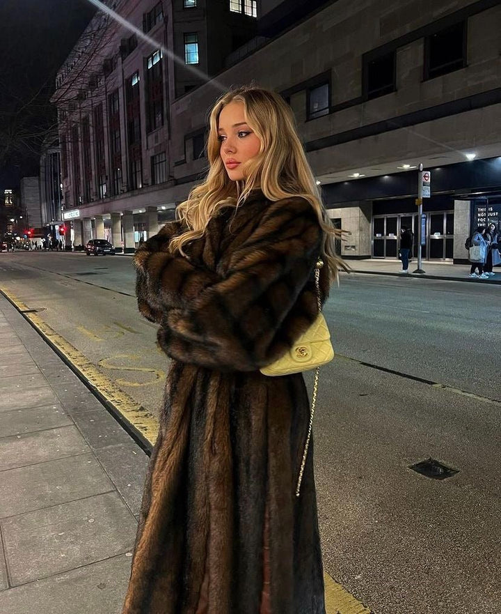 Women's brown faux-fur maxi coat with wide collar