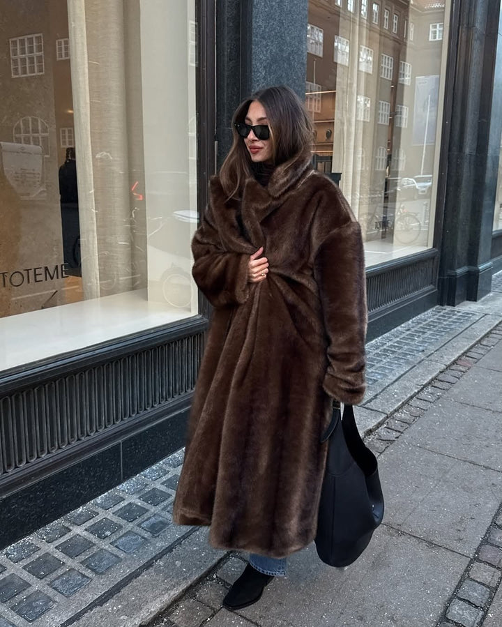 Women's brown faux-fur maxi coat with wide collar
