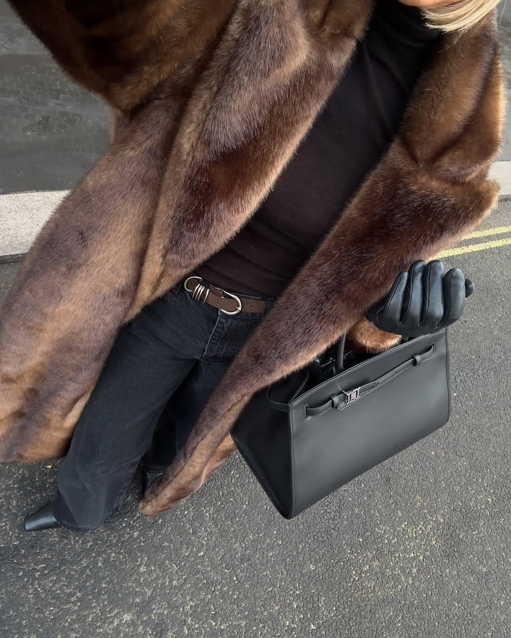 Women's brown faux-fur maxi coat with wide collar