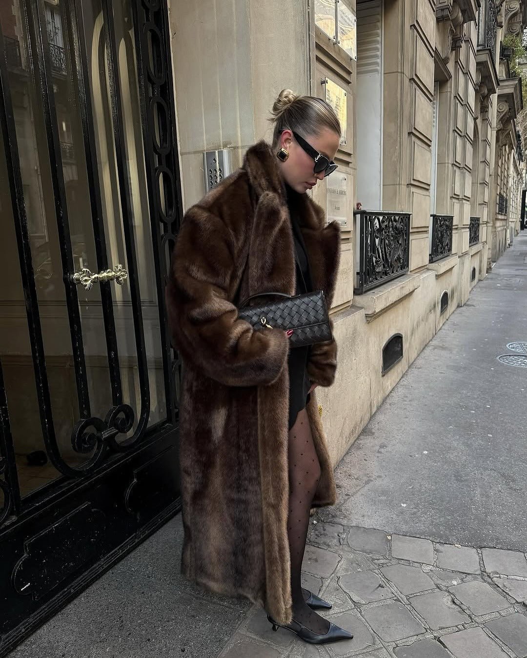 Women's brown faux-fur maxi coat with wide collar