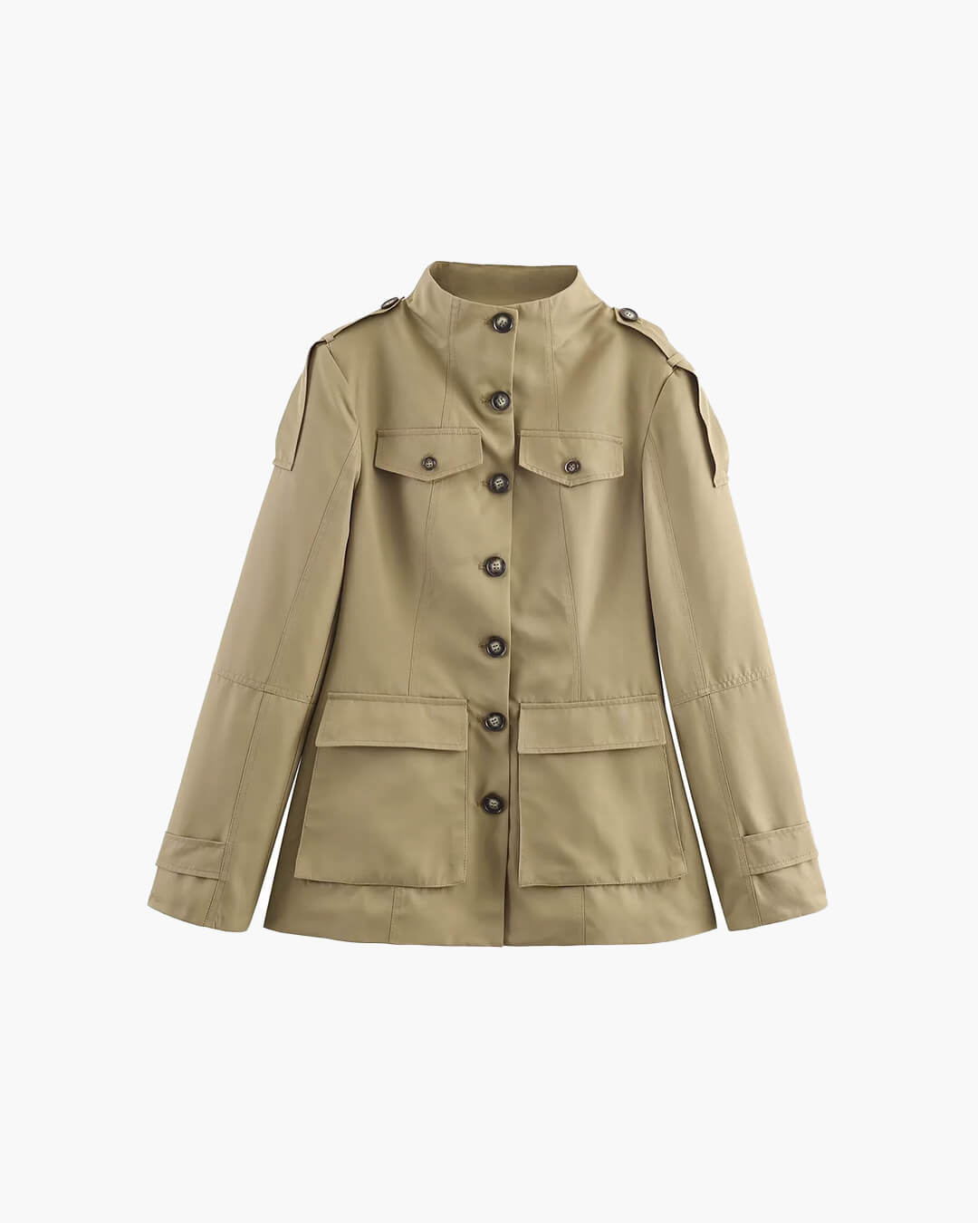 Women's khaki slim fit trench coat with buttons and flap pockets