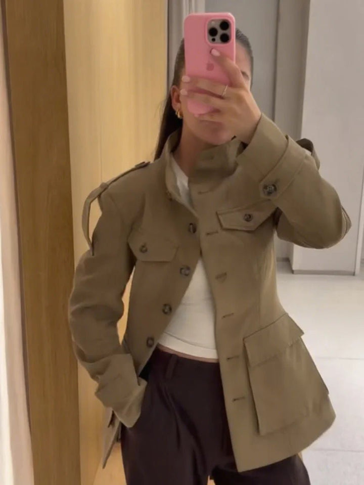 Women's khaki slim fit trench coat with buttons and flap pockets