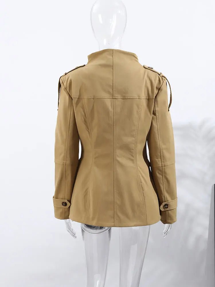 Women's khaki slim fit trench coat with buttons and flap pockets
