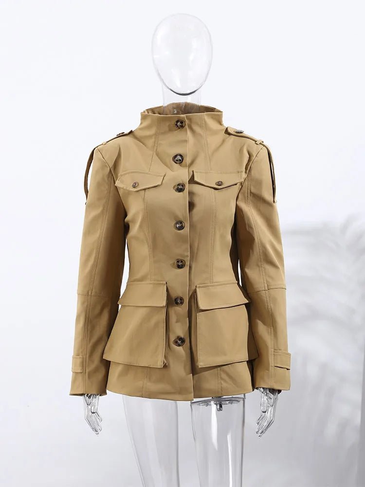 Women's khaki slim fit trench coat with buttons and flap pockets