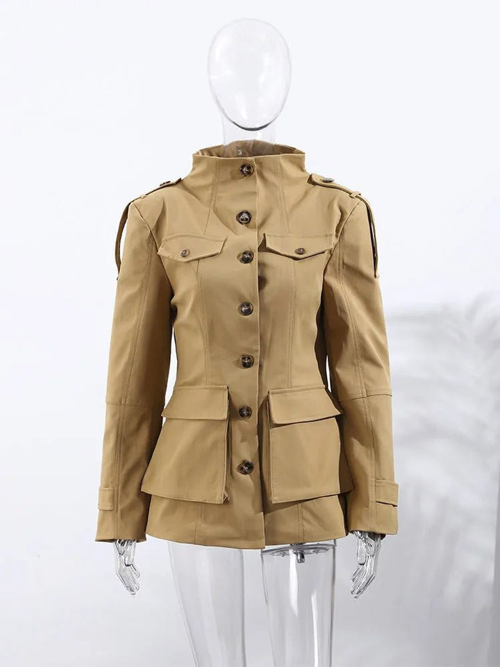 Women's khaki slim fit trench coat with buttons and flap pockets