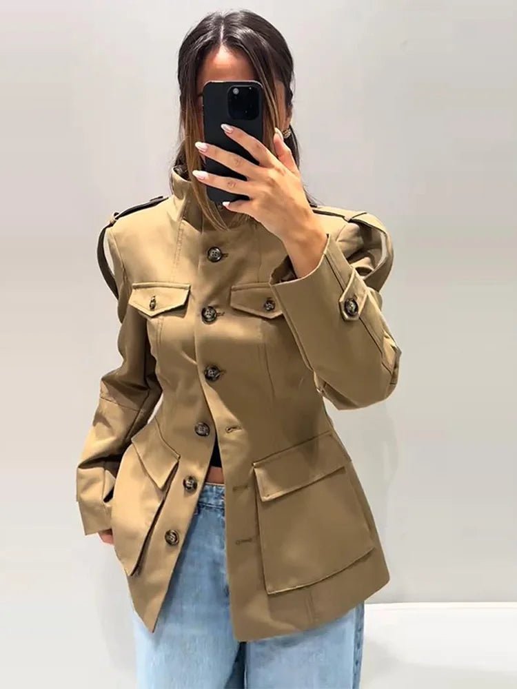 Women's khaki slim fit trench coat with buttons and flap pockets