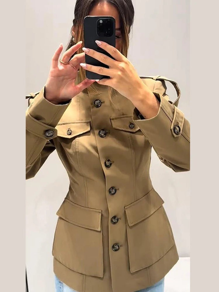 Women's khaki slim fit trench coat with buttons and flap pockets