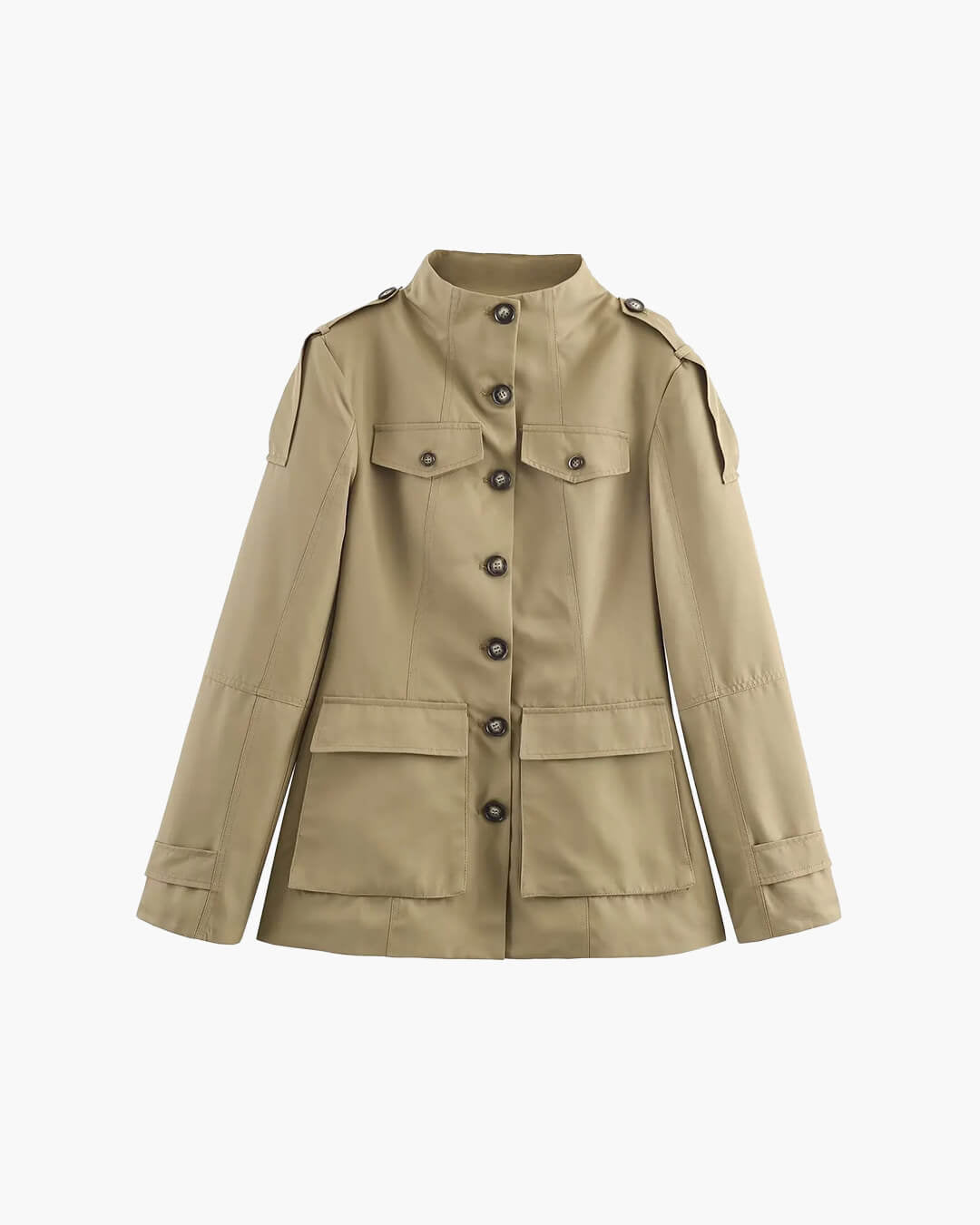 Women's beige fitted utility jacket with high collar and flap pockets