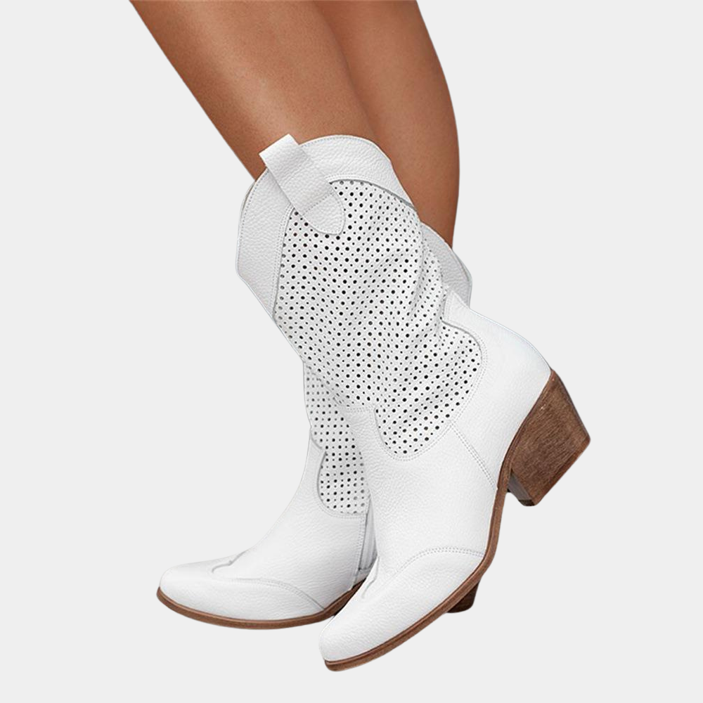 Women's perforated ankle boots with pointed toes and block heels