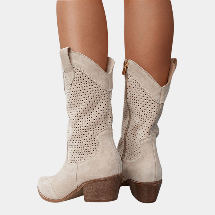 Women's perforated ankle boots with pointed toes and block heels
