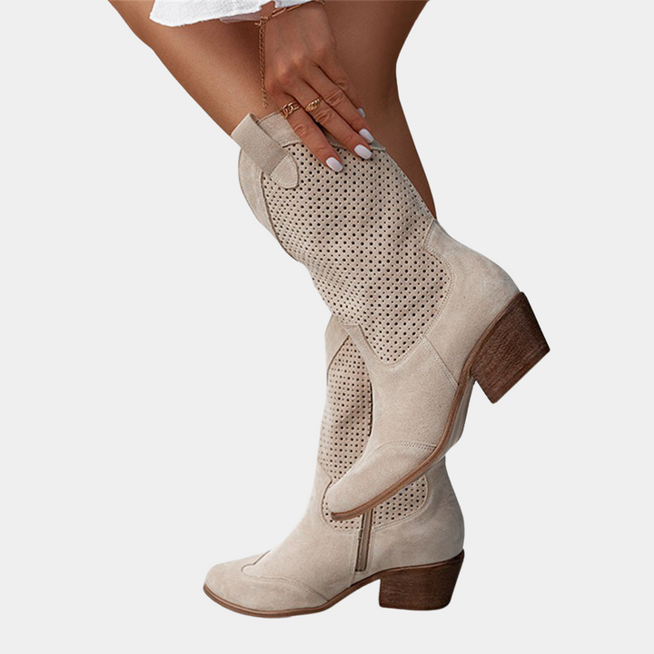 Women's perforated ankle boots with pointed toes and block heels