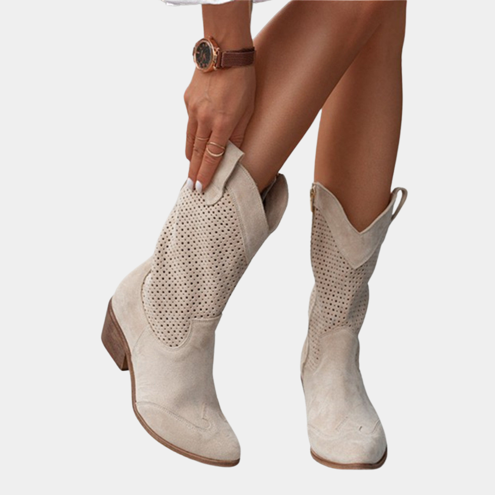 Women's perforated ankle boots with pointed toes and block heels